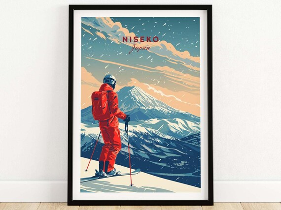 Niseko Japan Red Ski Suit Poster With Falling Snow and Sunset