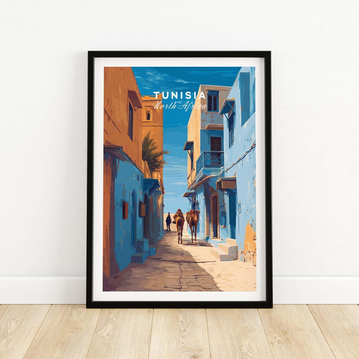 Tunisia North Africa Poster with Camel Street and Blue Doorways