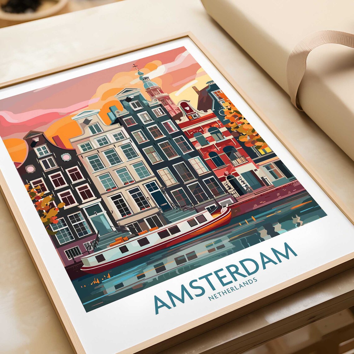 Amsterdam Netherlands Canal Houses Houseboat Sunset Travel Poster
