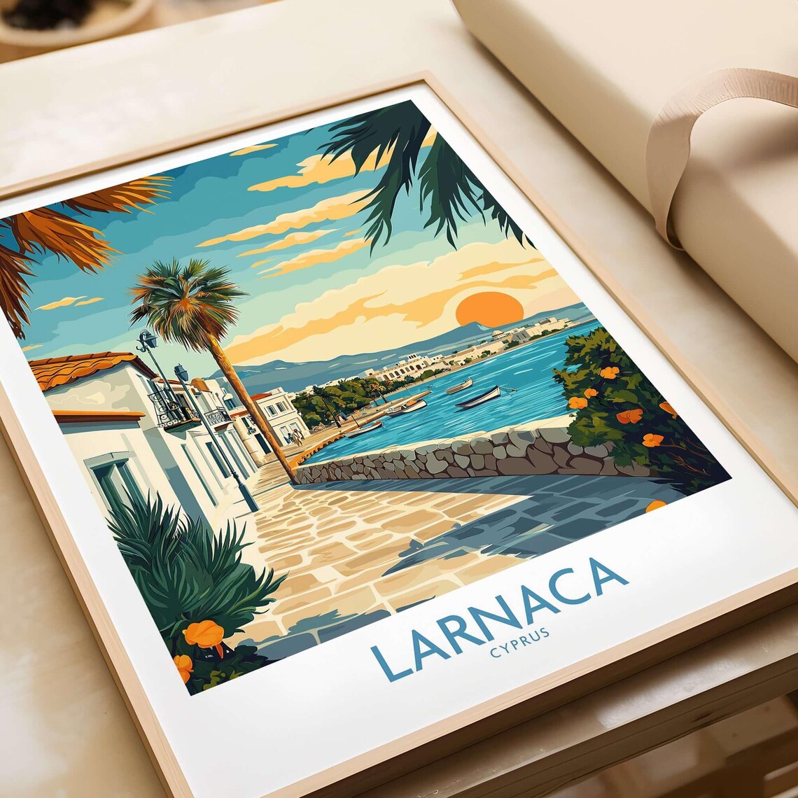 Larnaca Cyprus Sunset Waterfront Palm Promenade Travel Poster