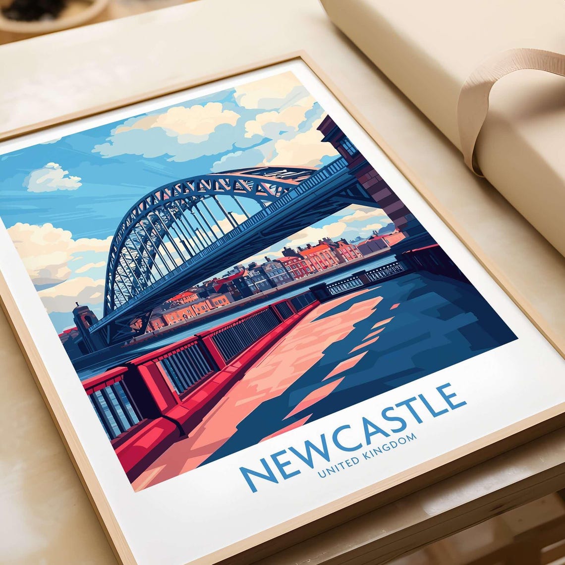 Newcastle UK Tyne Bridge River Quayside Blue Sky Travel Poster