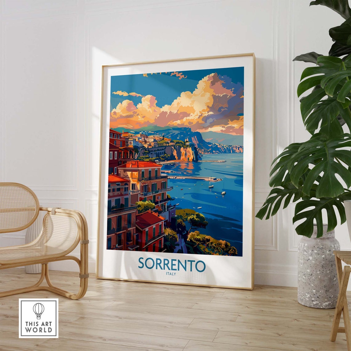 Sorrento Italy Cliffside Town Bay View Sunset Clouds Scene Poster - Image 3