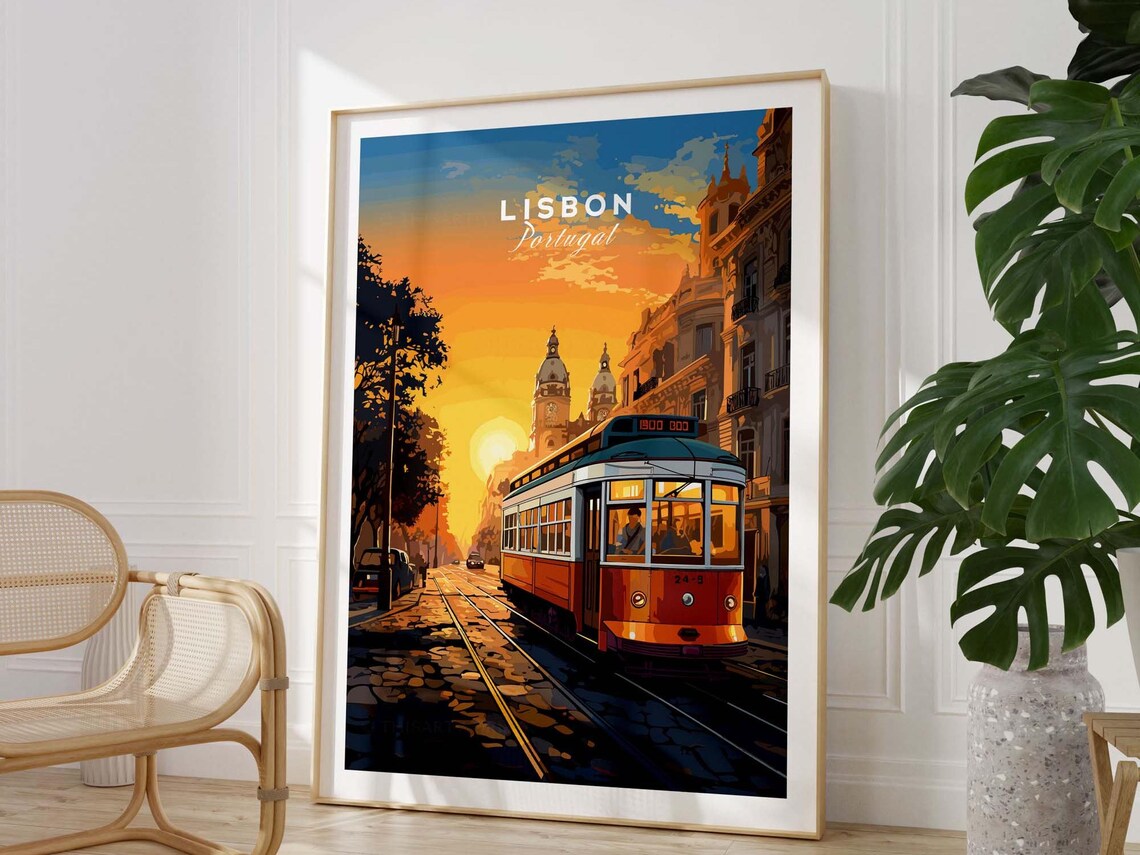 Lisbon Portugal Classic Tram Sunset Street Scene Vintage Travel Poster