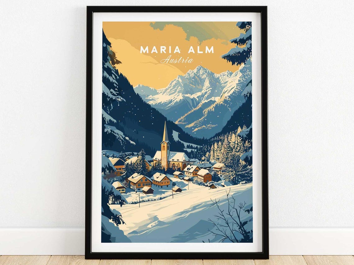 Maria Alm Austria Snowy Alpine Village Church Winter Travel Poster