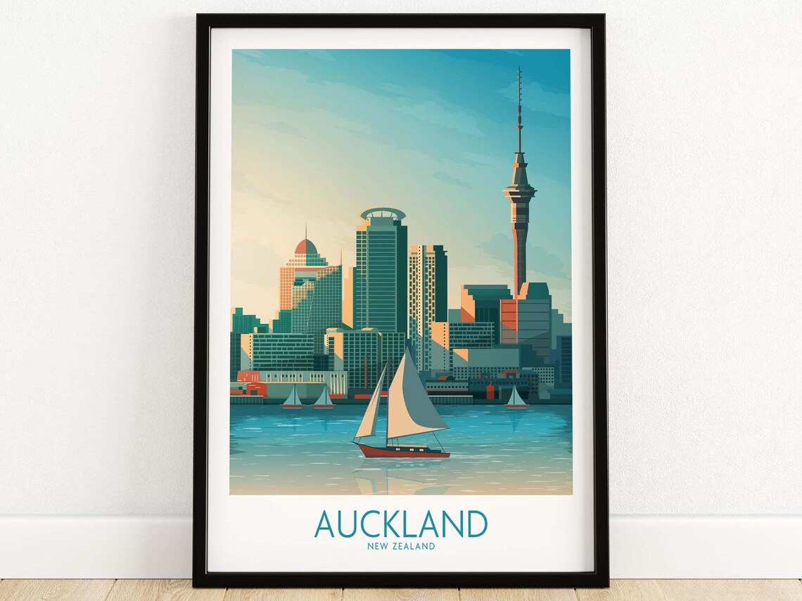 Auckland New Zealand Sky Tower Harbor Sailboats Travel Poster