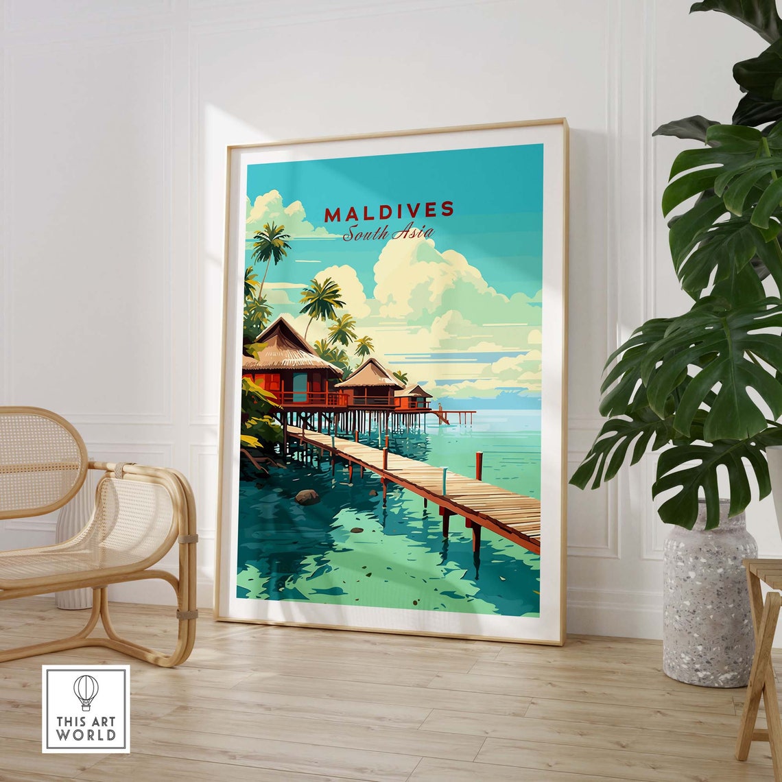 Maldives South Asia Overwater Bungalows Palm Tree Ocean Poster - Image 3