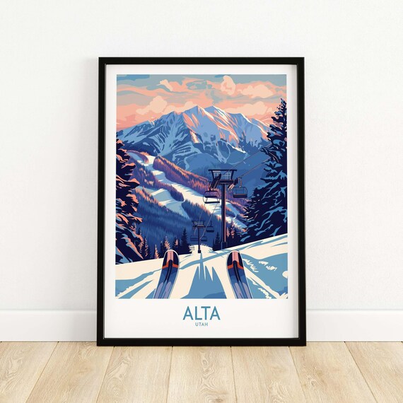 Alta Utah Ski Viewpoint Chairlift Pink Sunset Snow Art Poster