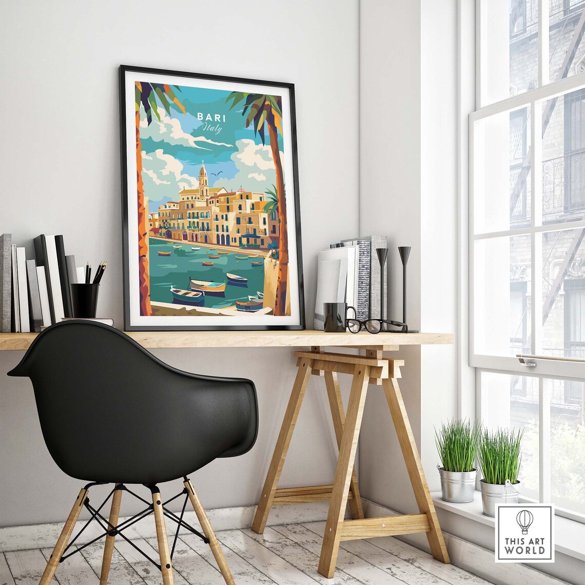Bari Italy Old Harbor Colorful Fishing Boats Palm Fronds Travel Poster - Image 4