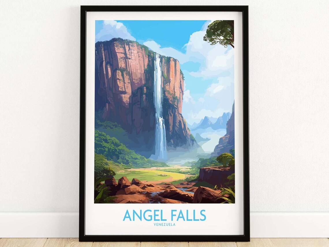 Angel Falls Venezuela Tallest Waterfall Tepui Vintage Travel Poster