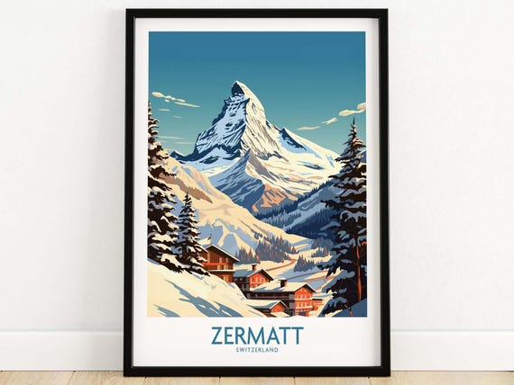 Zermatt Ski Poster Art Print Travel Home Dcor Gift Illustration Artwork Wall Hanging Framed Unframed