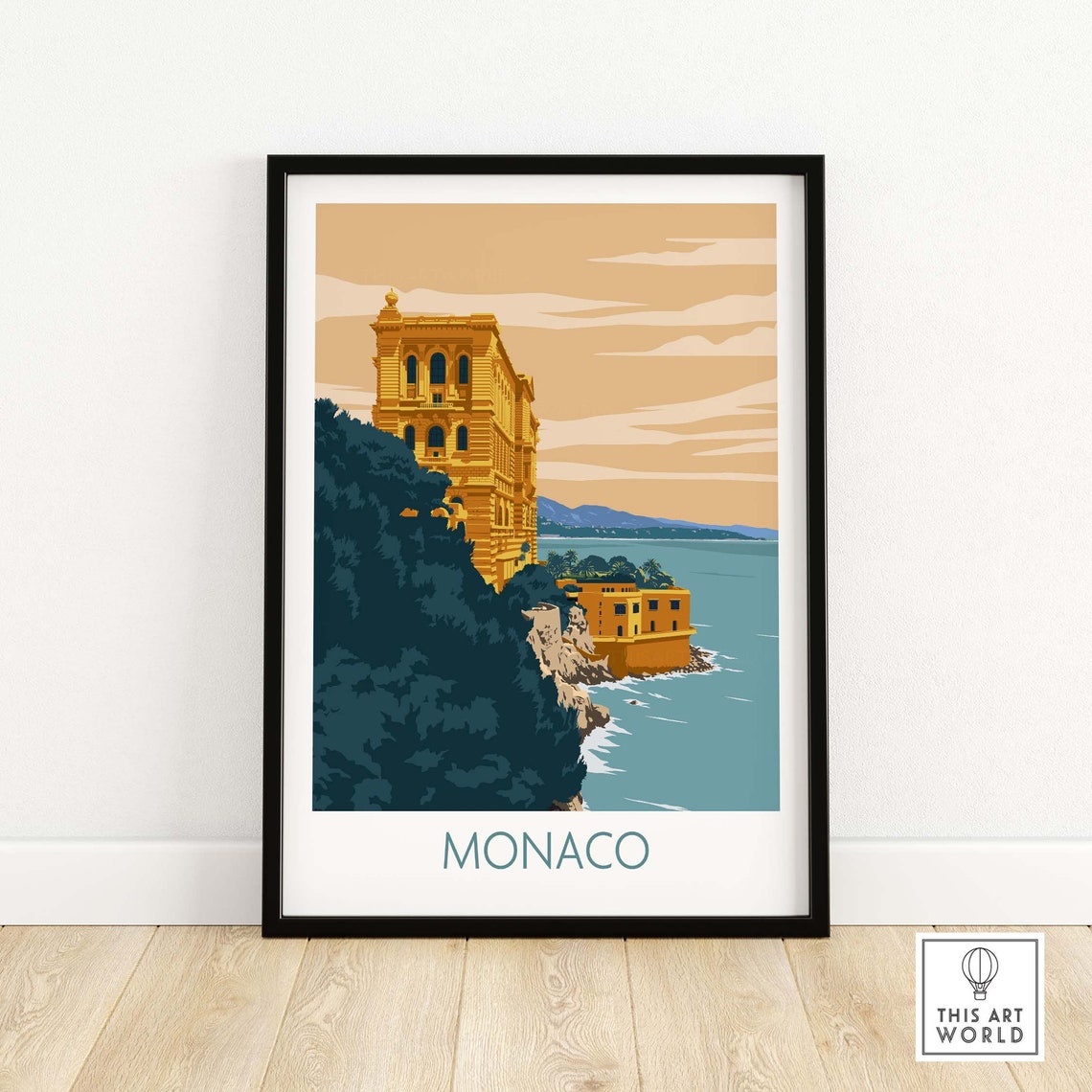 Monaco Cliffside Golden Palace Mediterranean Sea View Travel Poster