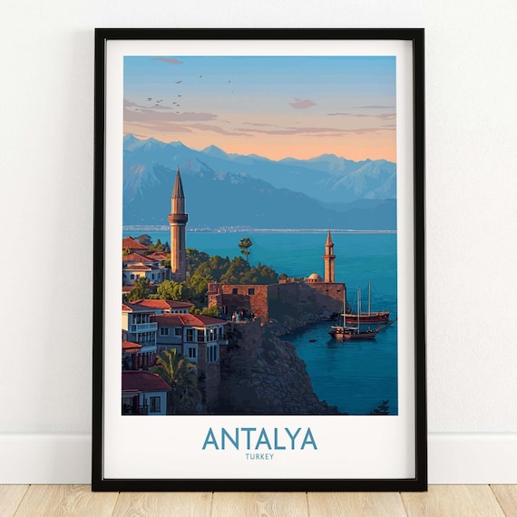 Antalya Turkey Old Town Minarets Sunset Coastal Travel Poster