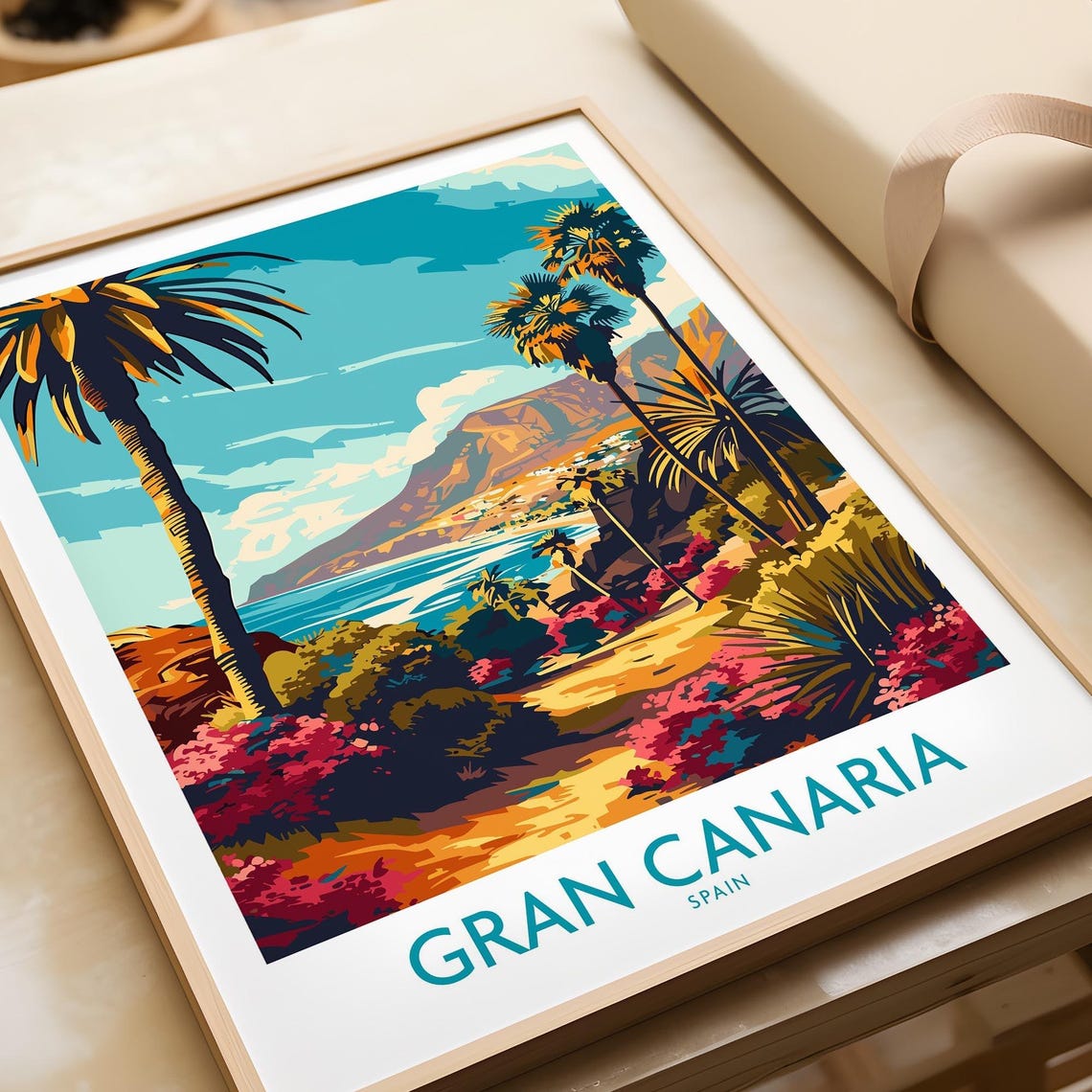 Retro Gran Canaria Spain Palm Coast Cliffs Floral Path Poster