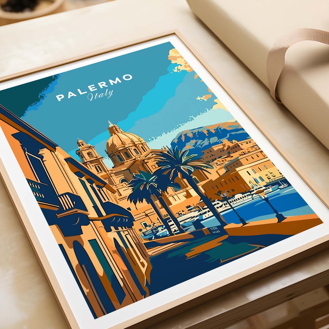 Palermo Italy Sicily Cathedral Waterfront Vintage Travel Poster
