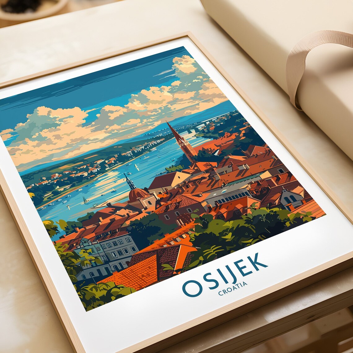 Osijek Croatia Riverfront Church Spire Rooftops Skyline Travel Poster