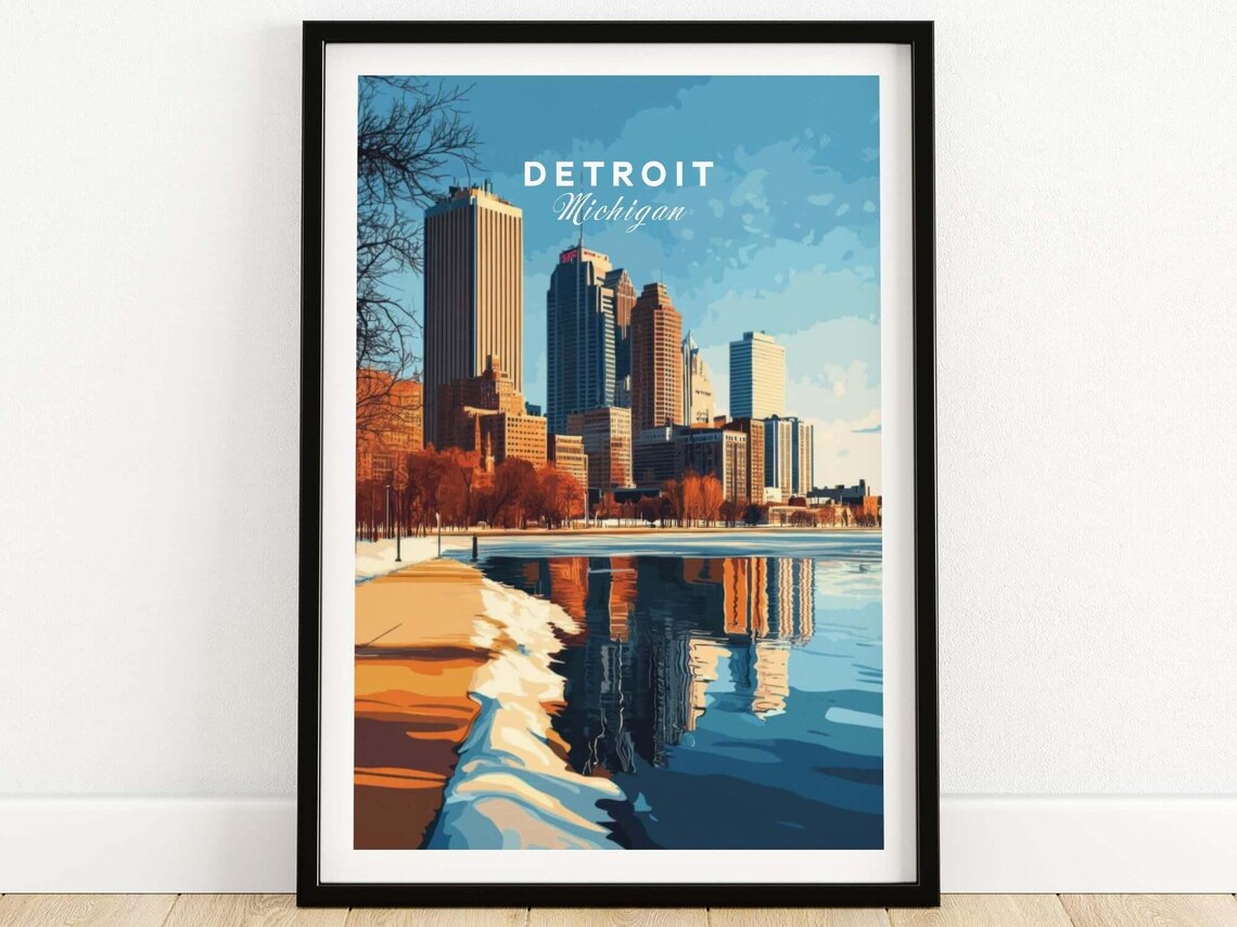 Detroit Michigan Golden Hour Winter Riverbank Travel Art Poster