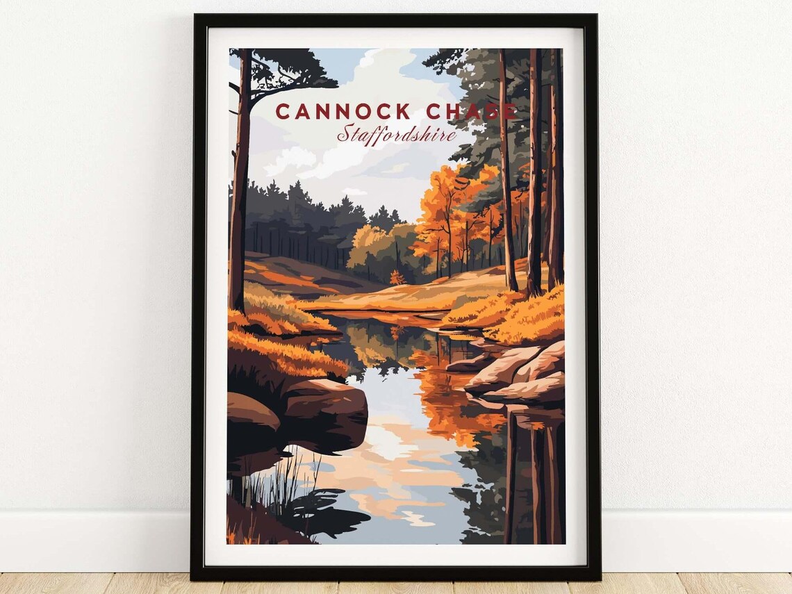 Cannock Chase Staffordshire Autumn Woodland Pond Vintage Travel Poster