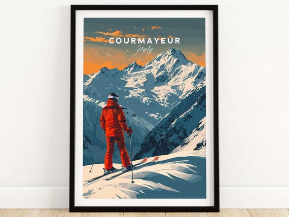 Courmayeur Ski Poster, Italy Winter Sports Art