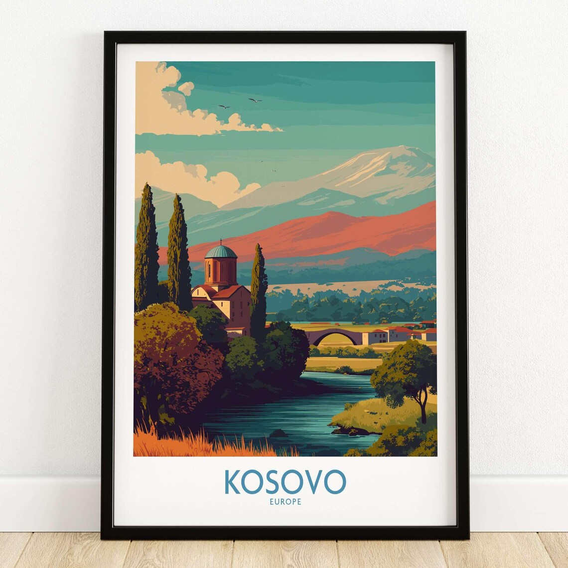 Kosovo Europe Riverside Church Stone Bridge Snowy Peaks Travel Poster
