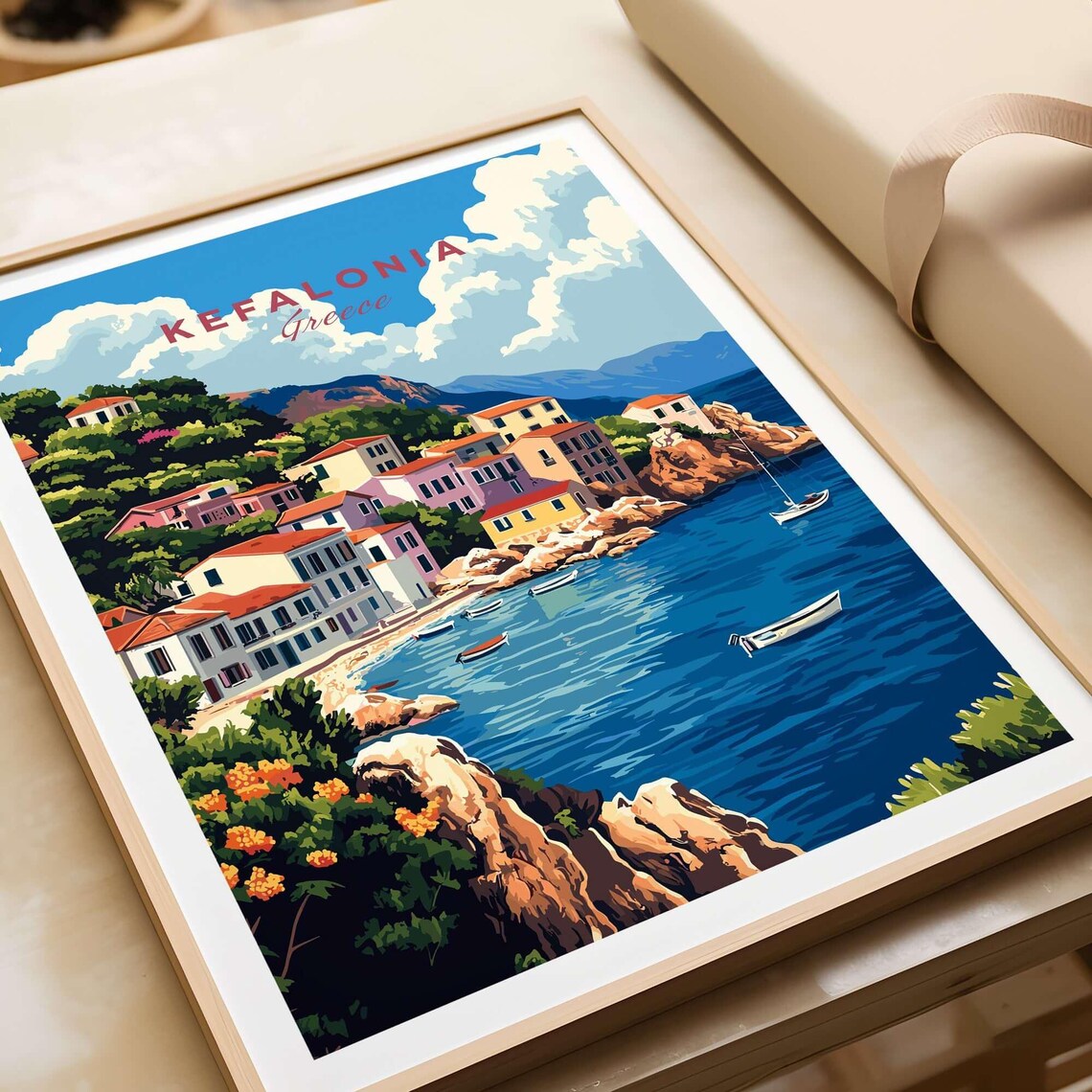 Kefalonia Greece Hillside Village Rocky Coast Boats Travel Poster - Image 4