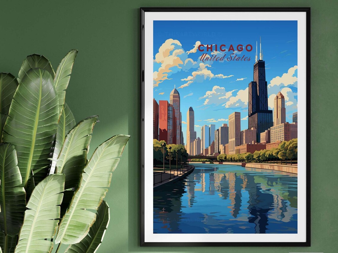 Blue Chicago United States Skyline River Willis Tower Art Poster