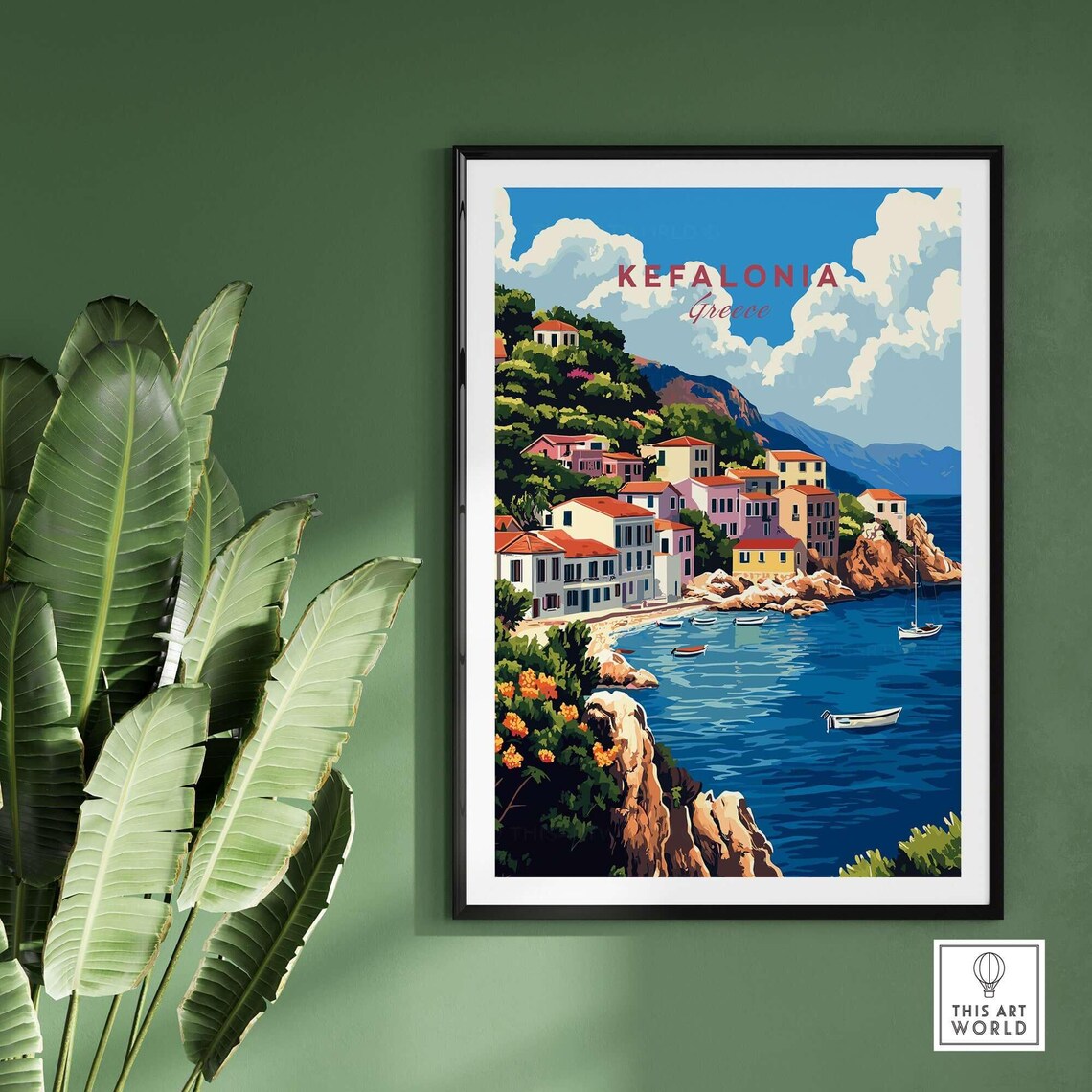Kefalonia Greece Hillside Village Rocky Coast Boats Travel Poster - Image 2