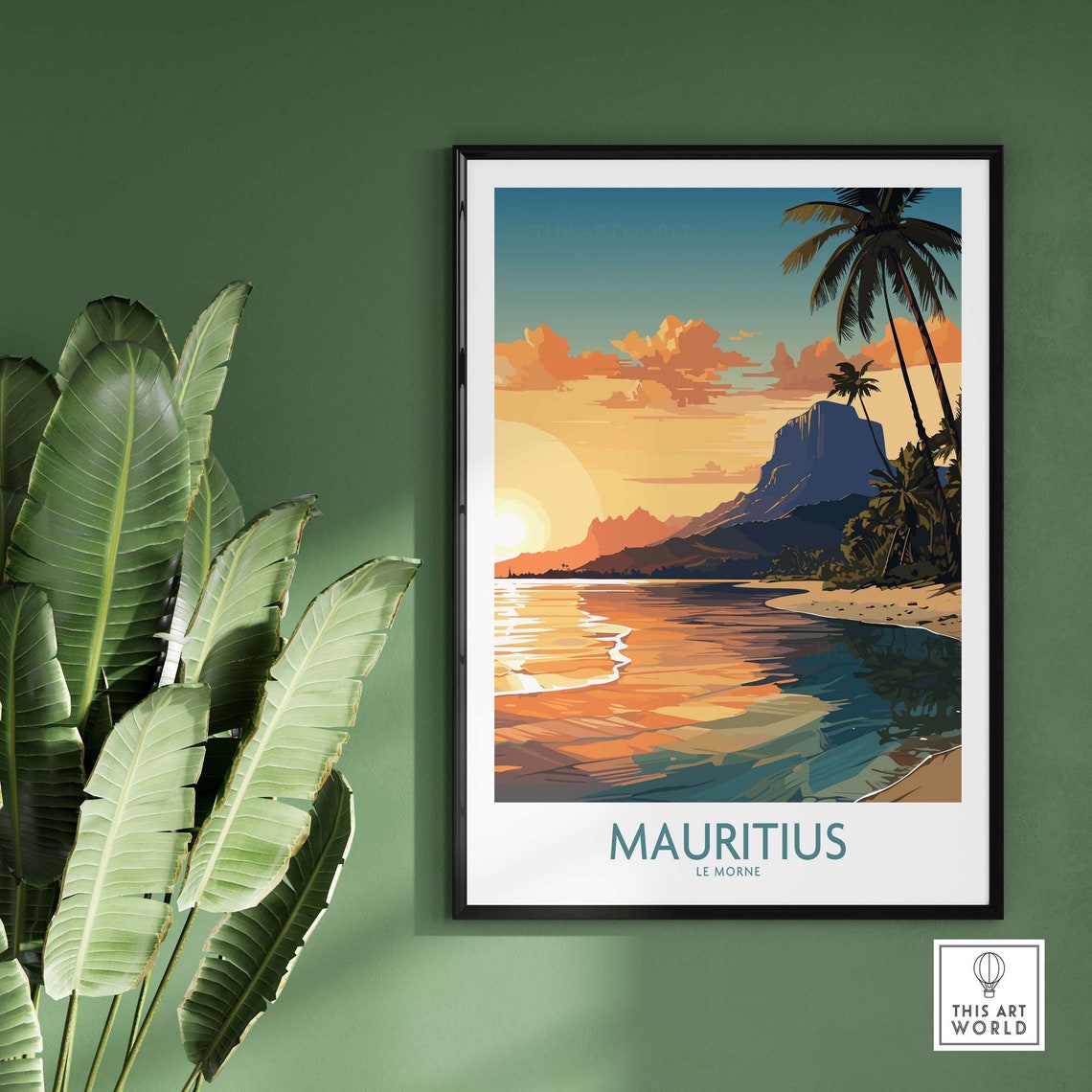 Mauritius Le Morne Golden Sunset Beach Palm Tree Ocean Poster - Image 2