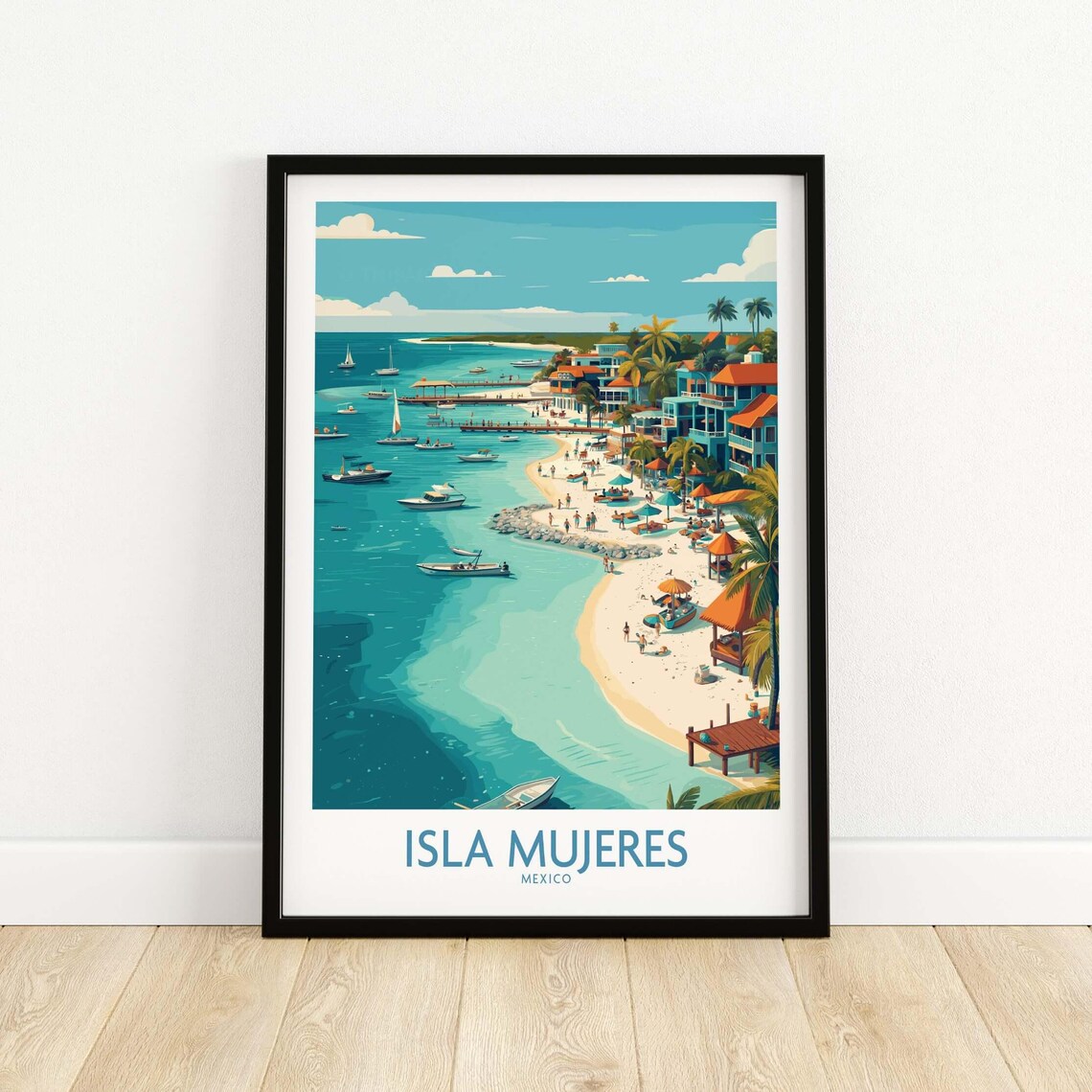 Isla Mujeres Mexico Beach Poster with Turquoise Bay and Boats