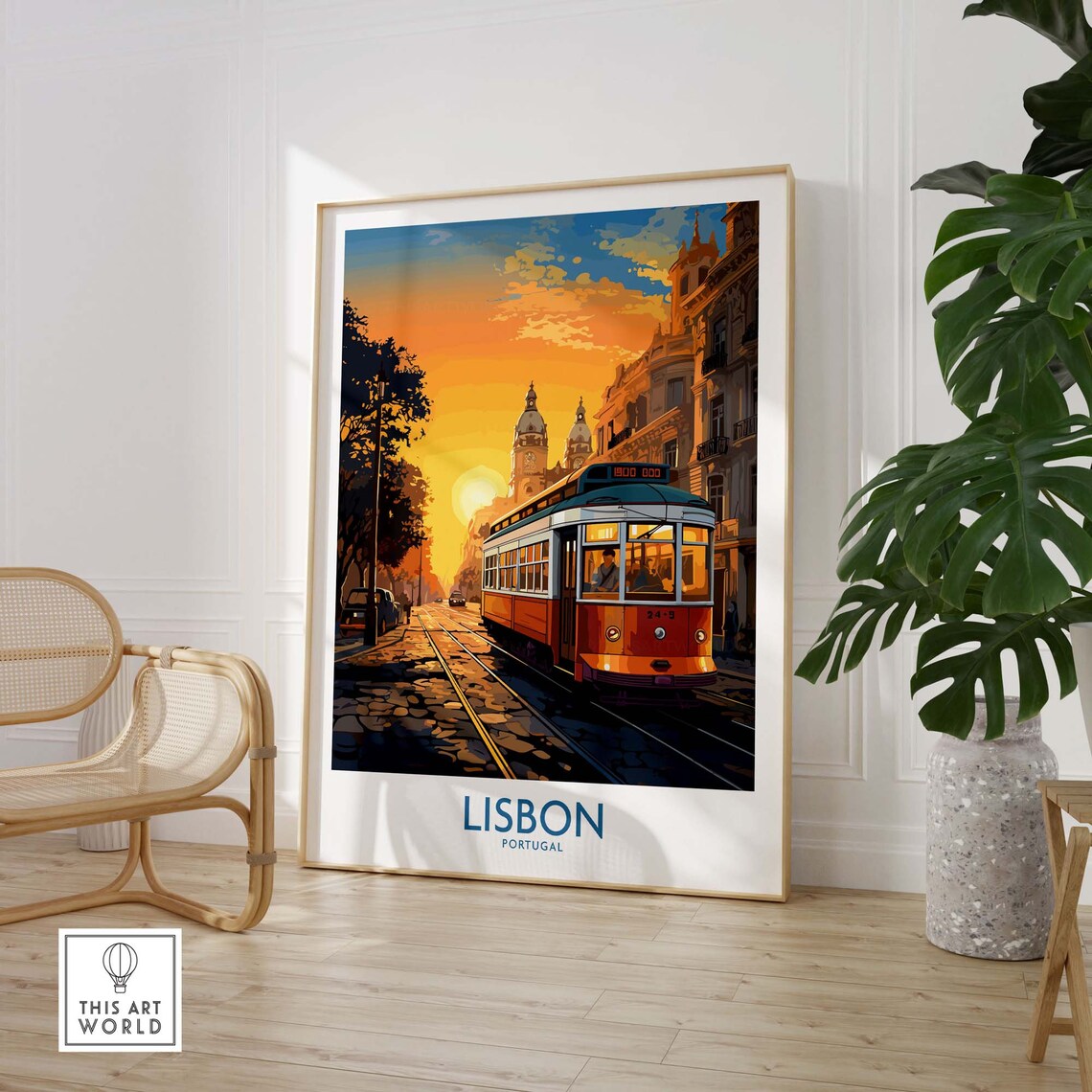 Lisbon Portugal Tram Sunset Cobblestone Street Vintage Travel Poster - Image 3