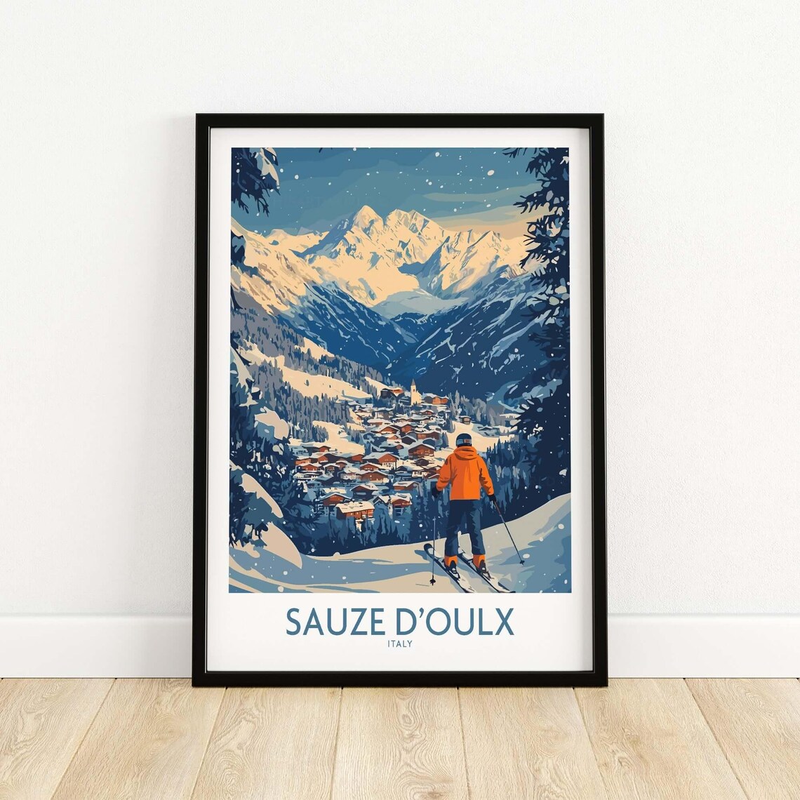 Sauze d'Oulx Italy Night Skier Overlooking Snowy Village Poster