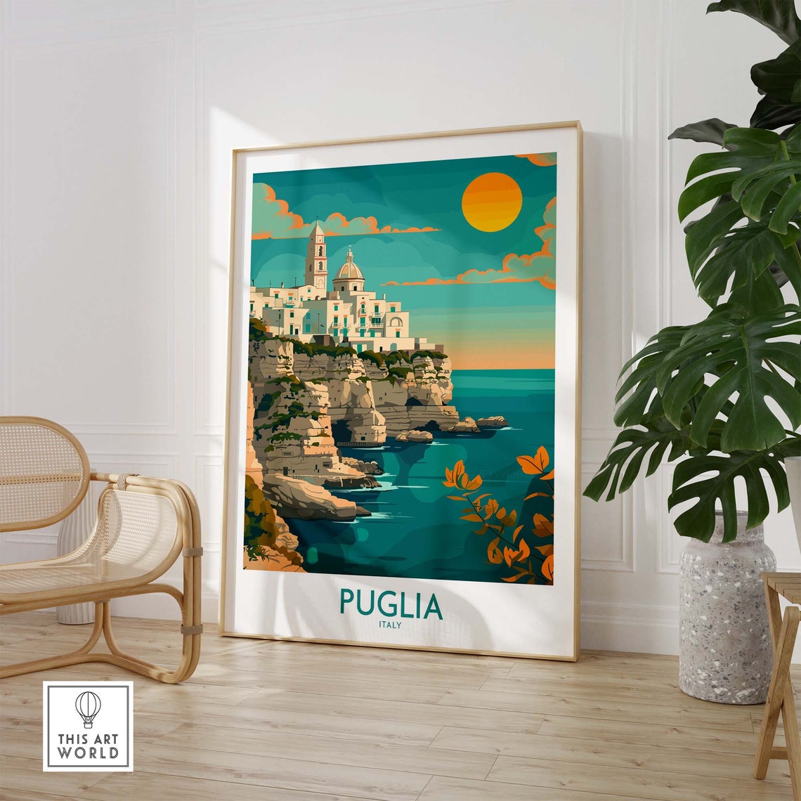 Puglia Italy Cliffside Old Town Sun Over Sea Coast Travel Poster - Image 2