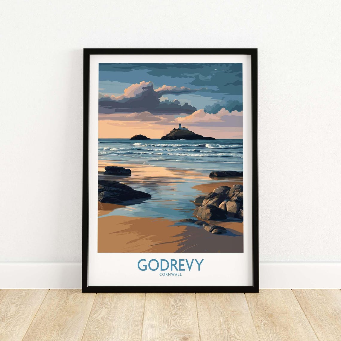 Godrevy Cornwall Lighthouse Island Beach Sunset Rocks Poster