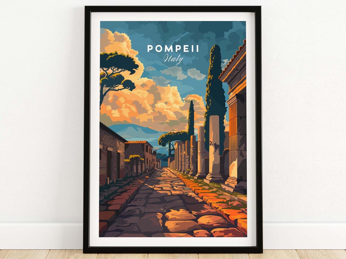 Pompeii Italy Ancient Roman Street Columns Sunset Travel Poster