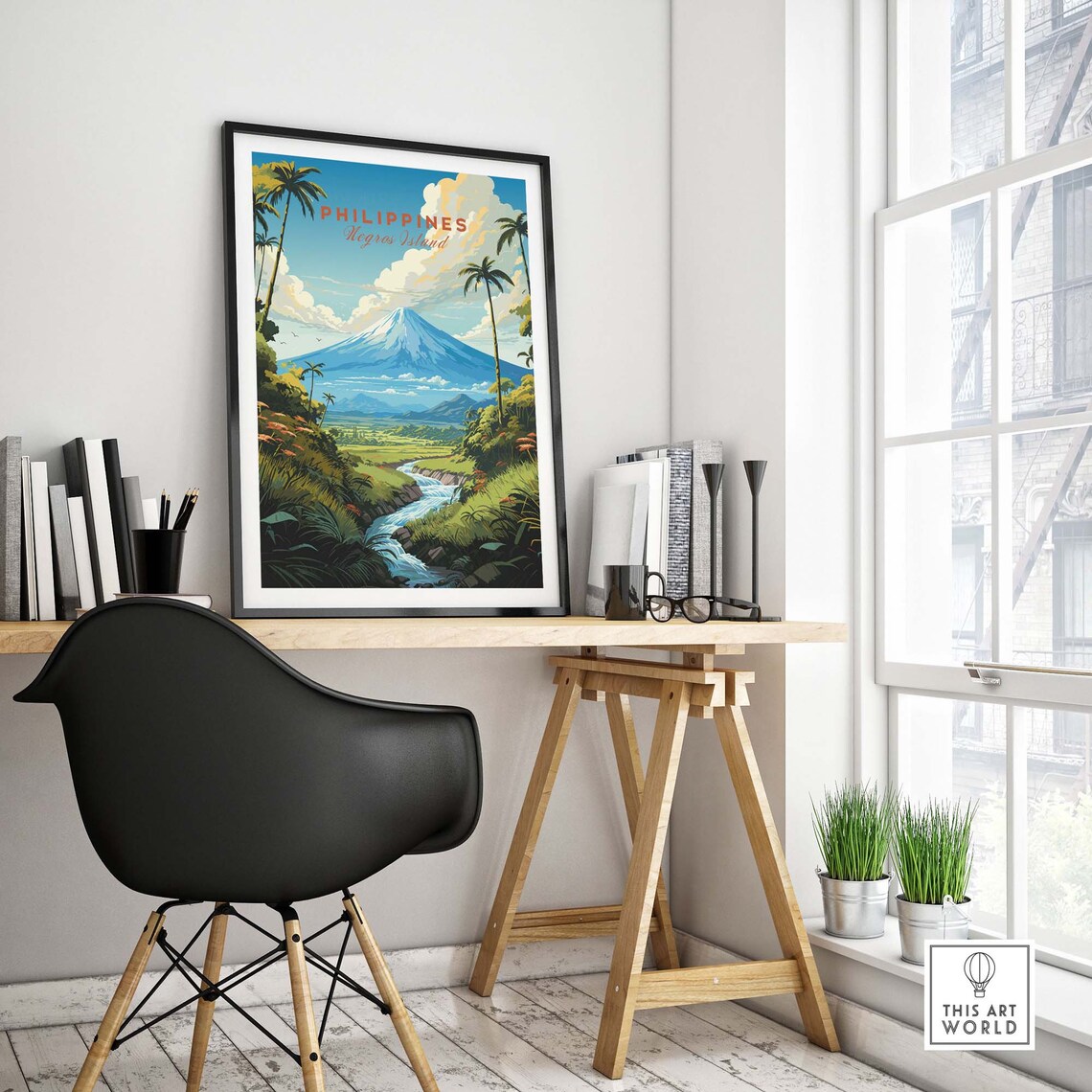 Philippines Negros Island Volcano River Palms Vintage Travel Poster - Image 4