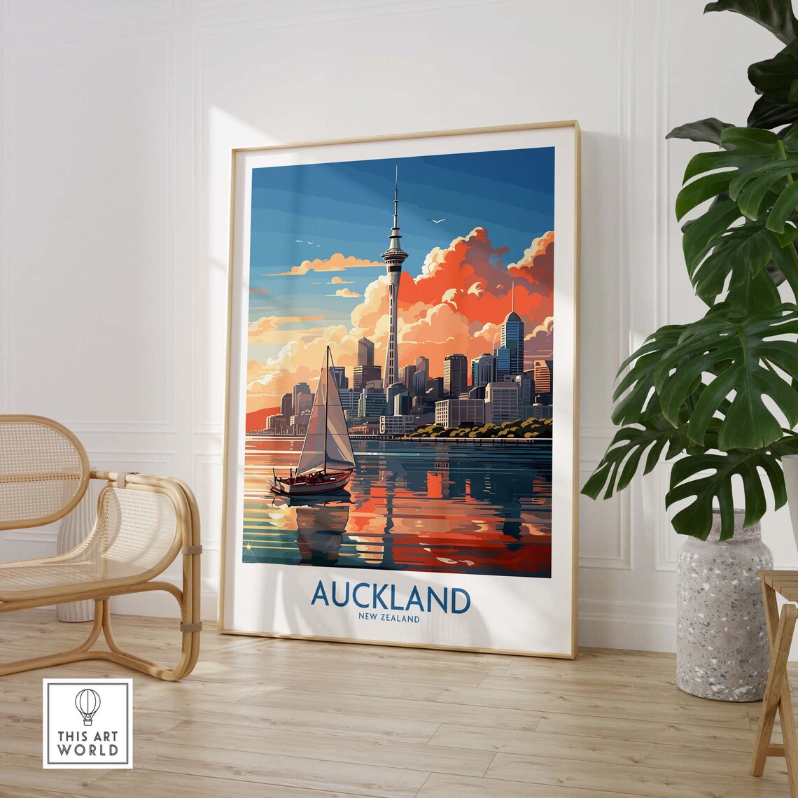 Auckland New Zealand Sky Tower Sunset Harbor Sailboat Poster - Image 3