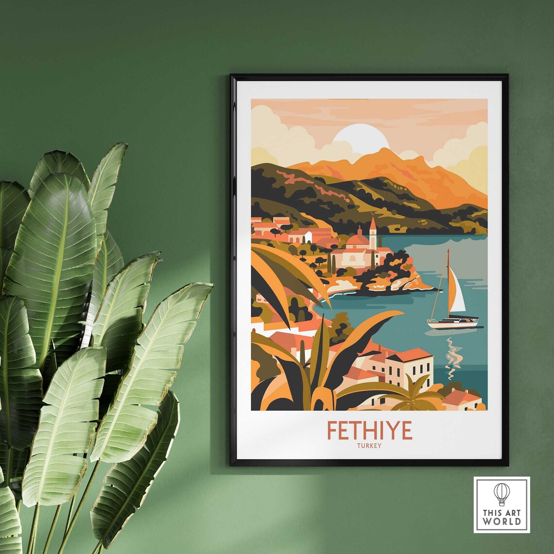Fethiye Turkey Sunset Sailboat Bay Palm Leaves Coastal Poster - Image 2