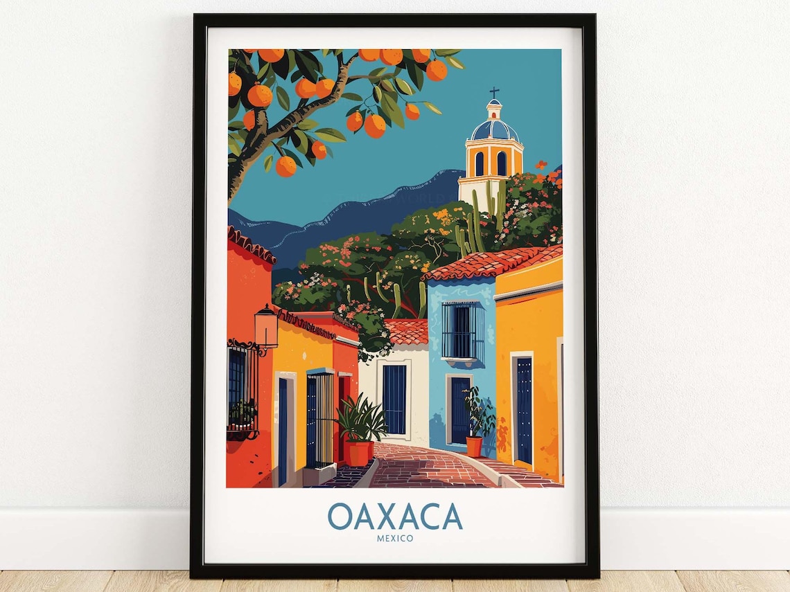 Oaxaca Mexico Colorful Colonial Street Church Tower Travel Poster