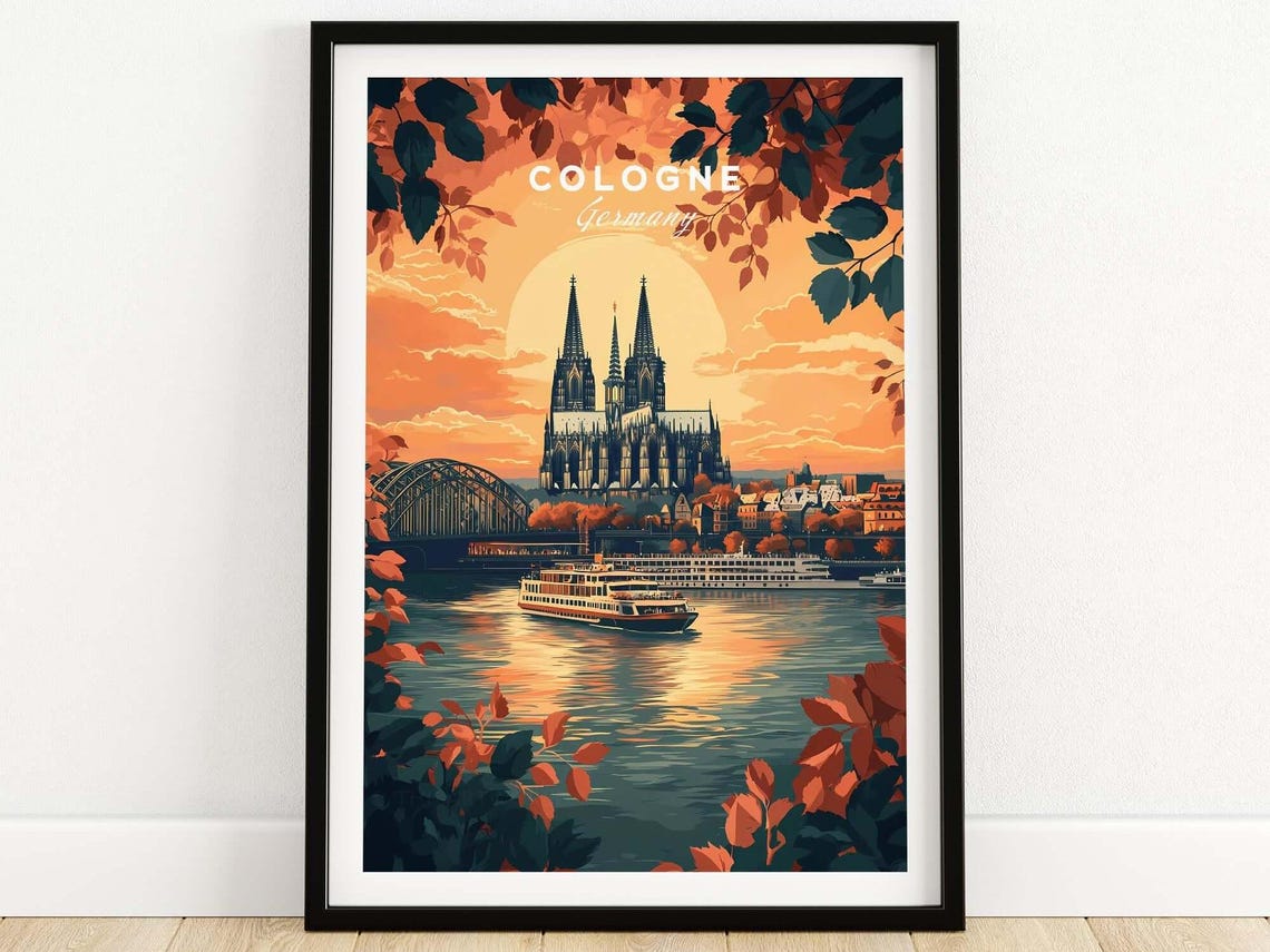 Cologne Germany Cathedral Sunset River Boat City Travel Poster