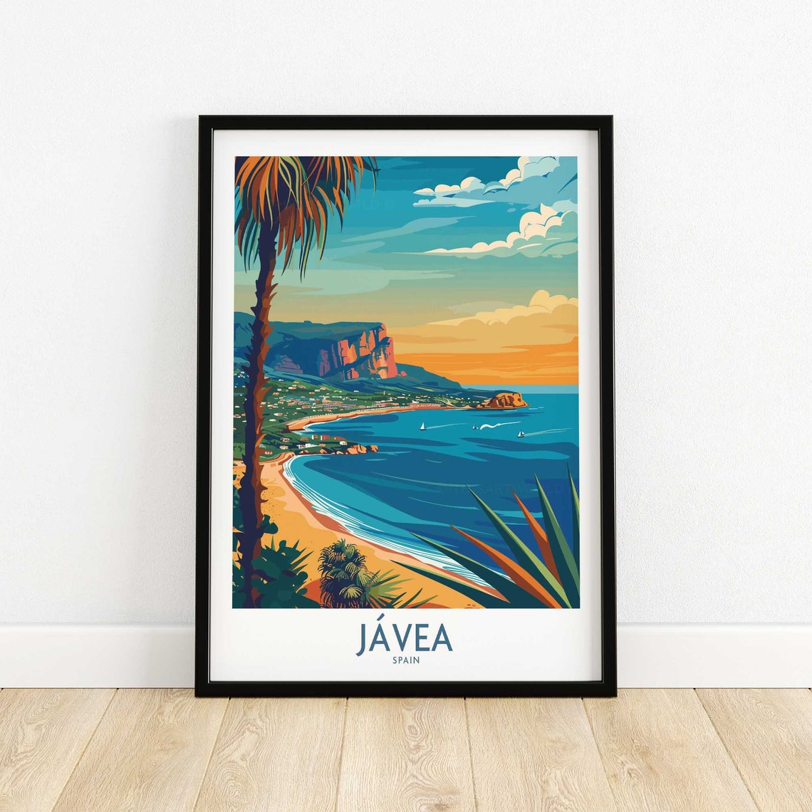 Javea Spain Costa Blanca Beach Sunset Cliffs Vintage Travel Poster