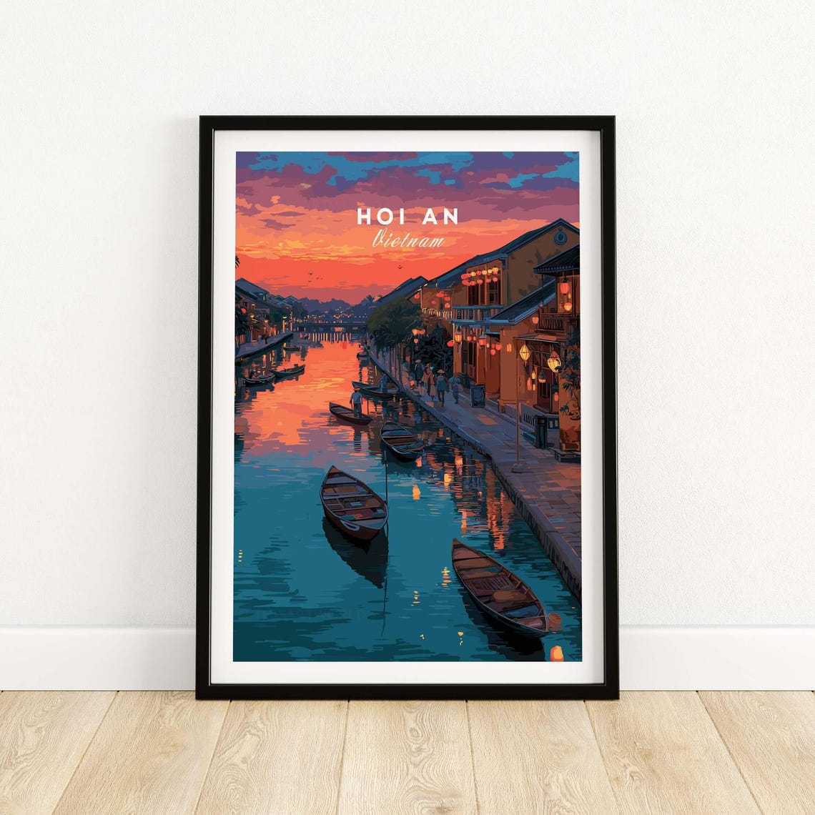 Hoi An Vietnam Lantern River Sunset Boats Vintage Travel Poster
