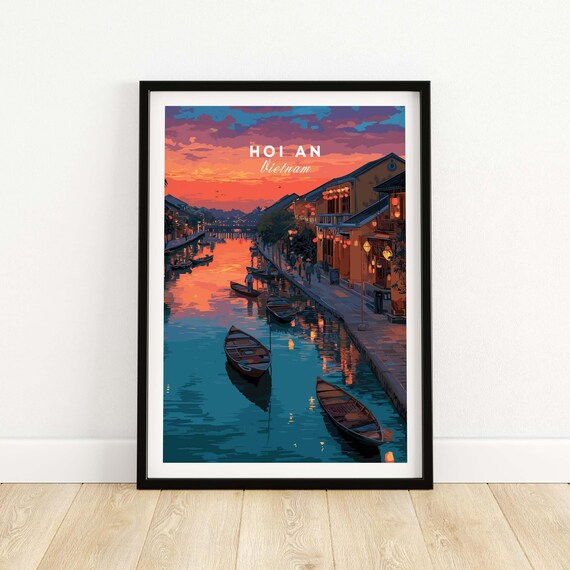 Hoi An Vietnam Lantern River Sunset Boats Vintage Travel Poster