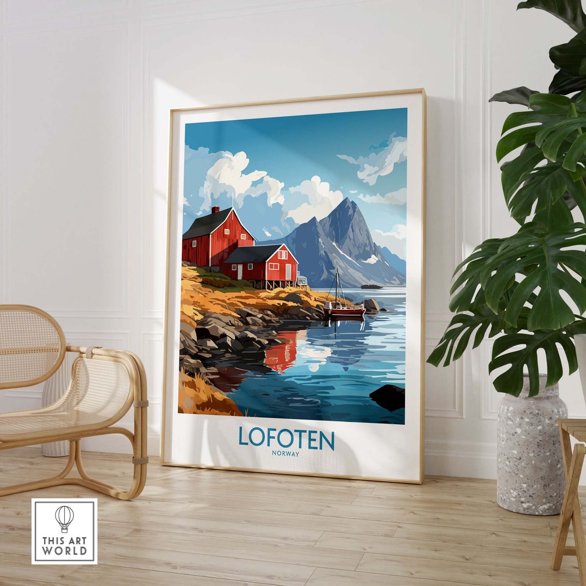Lofoten Norway Red Cabins Fjord Mountains Harbor Scenic Travel Poster - Image 3