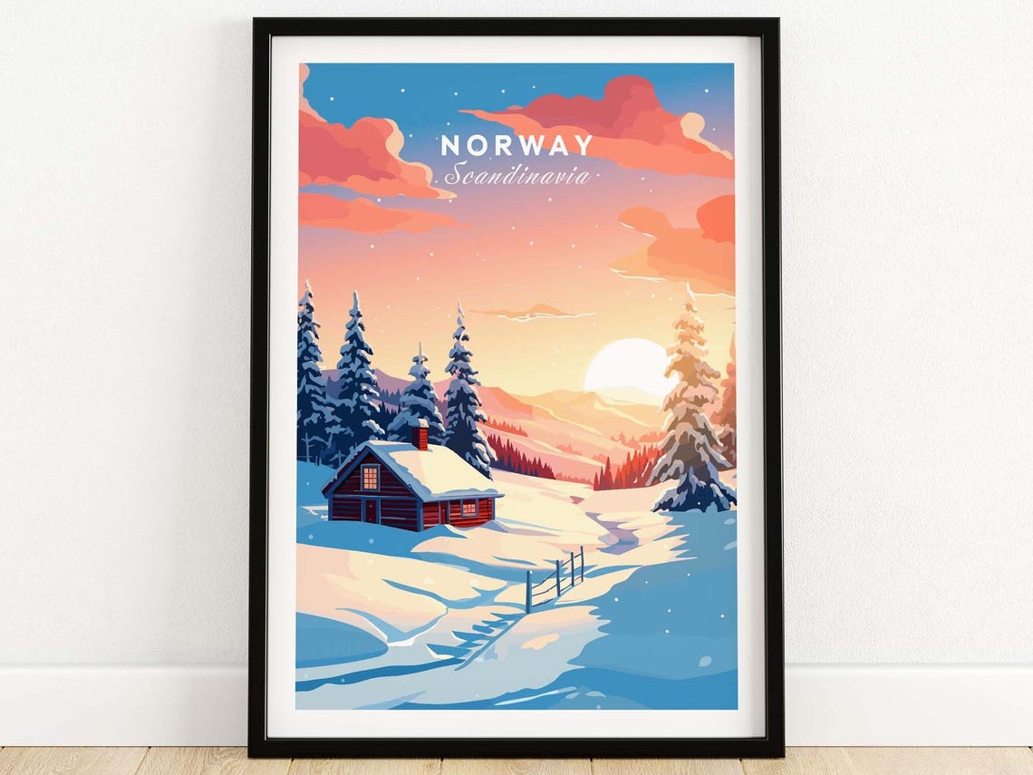 Norway Scandinavia Snowy Cabin Pink Sunrise Winter Art Poster