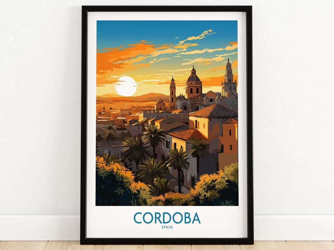 Cordoba Spain Old Town Cathedral Towers Sunset Travel Poster