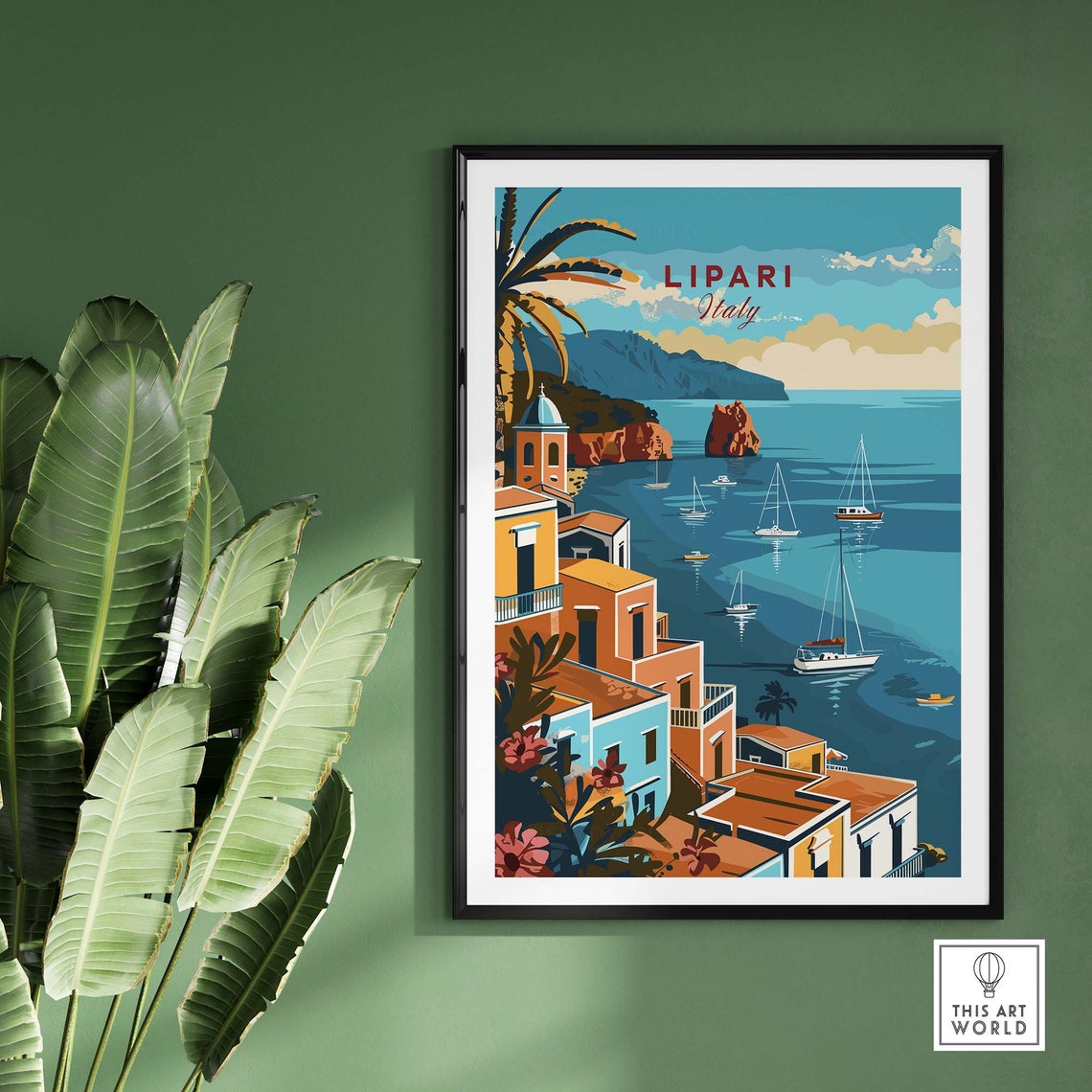 Lipari Italy Aeolian Islands Cliffside Harbor Sailboats Poster - Image 2