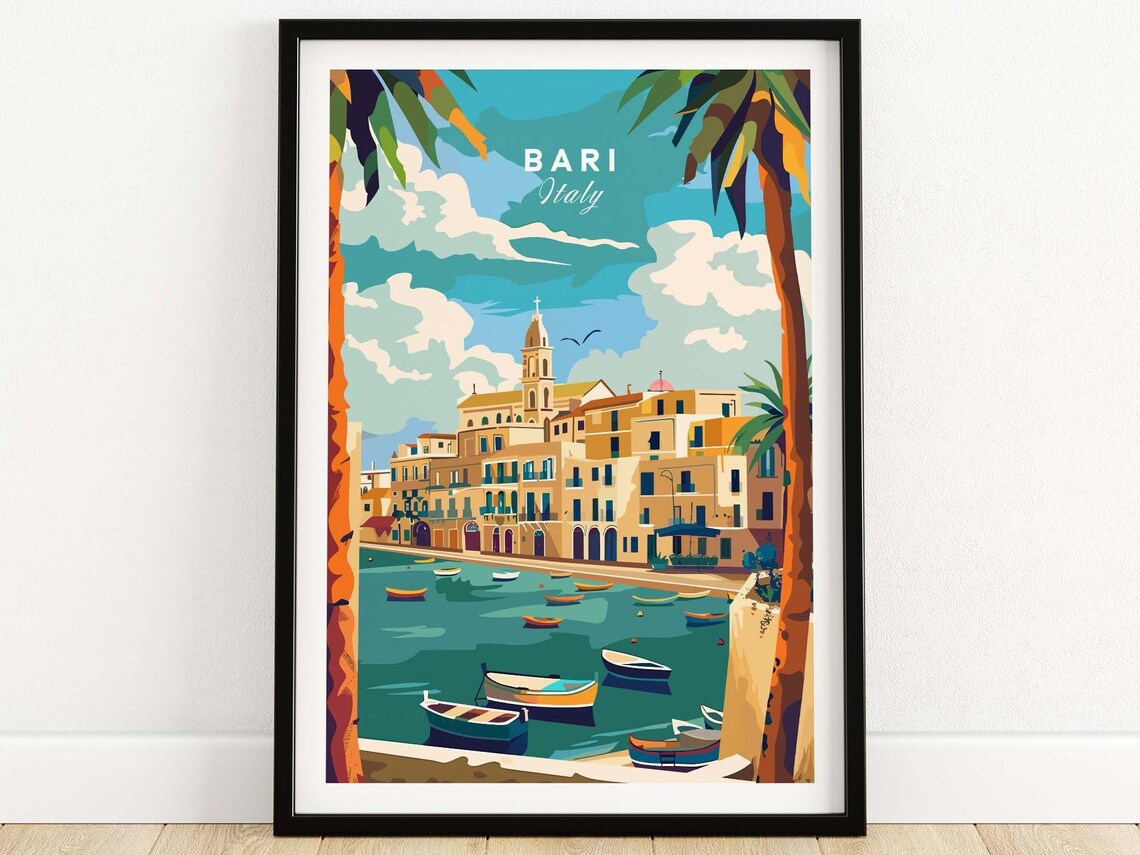 Bari Italy Old Harbor Colorful Fishing Boats Palm Fronds Travel Poster