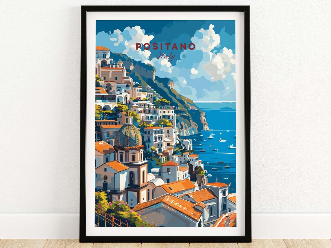 Positano Italy Cliffside Town Tiled Dome Sea Boats Scene Poster