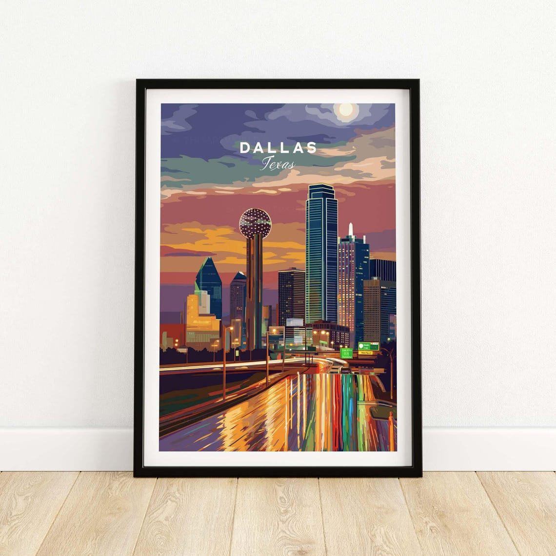 Dallas Texas Skyline Poster Night Lights Reunion Tower City Artwork