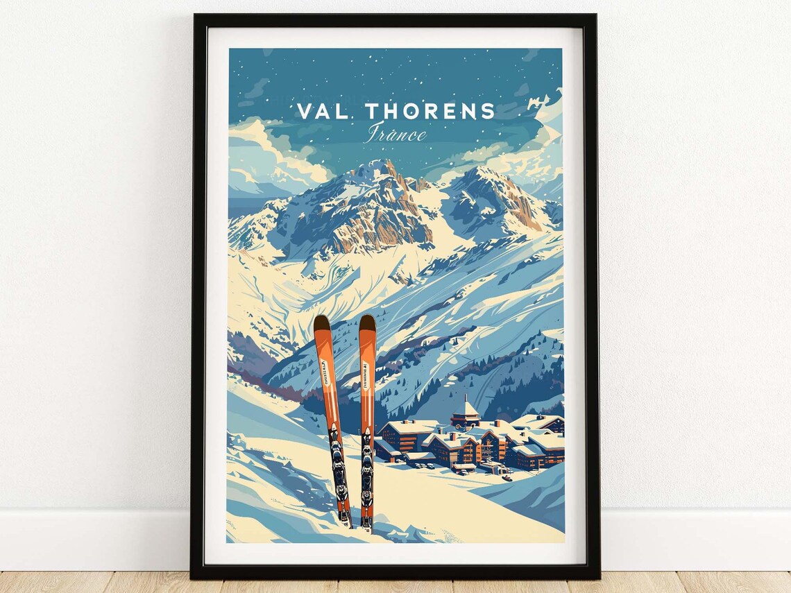 Val Thorens France Skis in Snow Alpine Village Ski Resort Poster