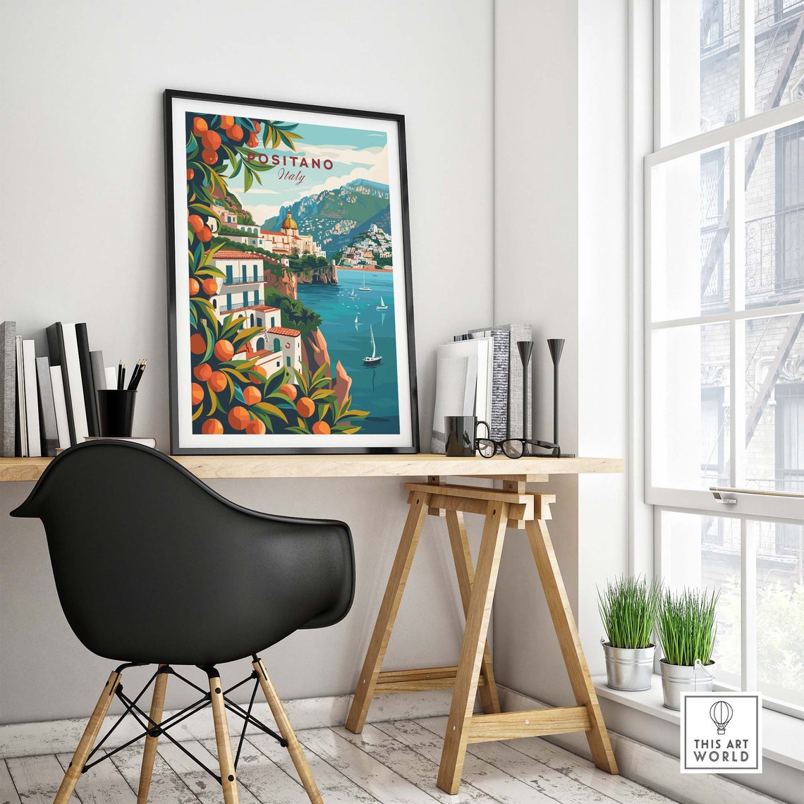 Positano Italy Citrus Border Cliffside Sailboats Amalfi Poster - Image 4